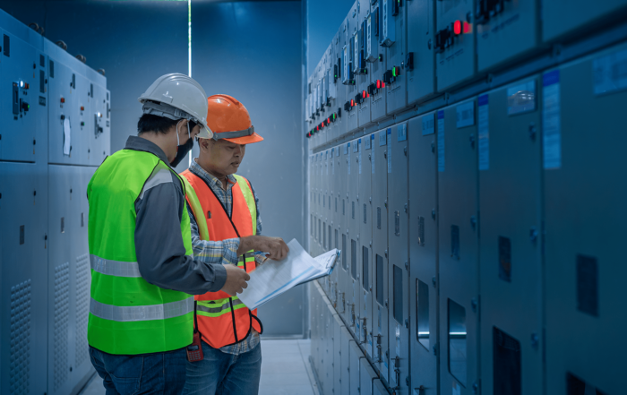 Photograph of two electrical workers in PPE reviewing paperwork near an electrical system