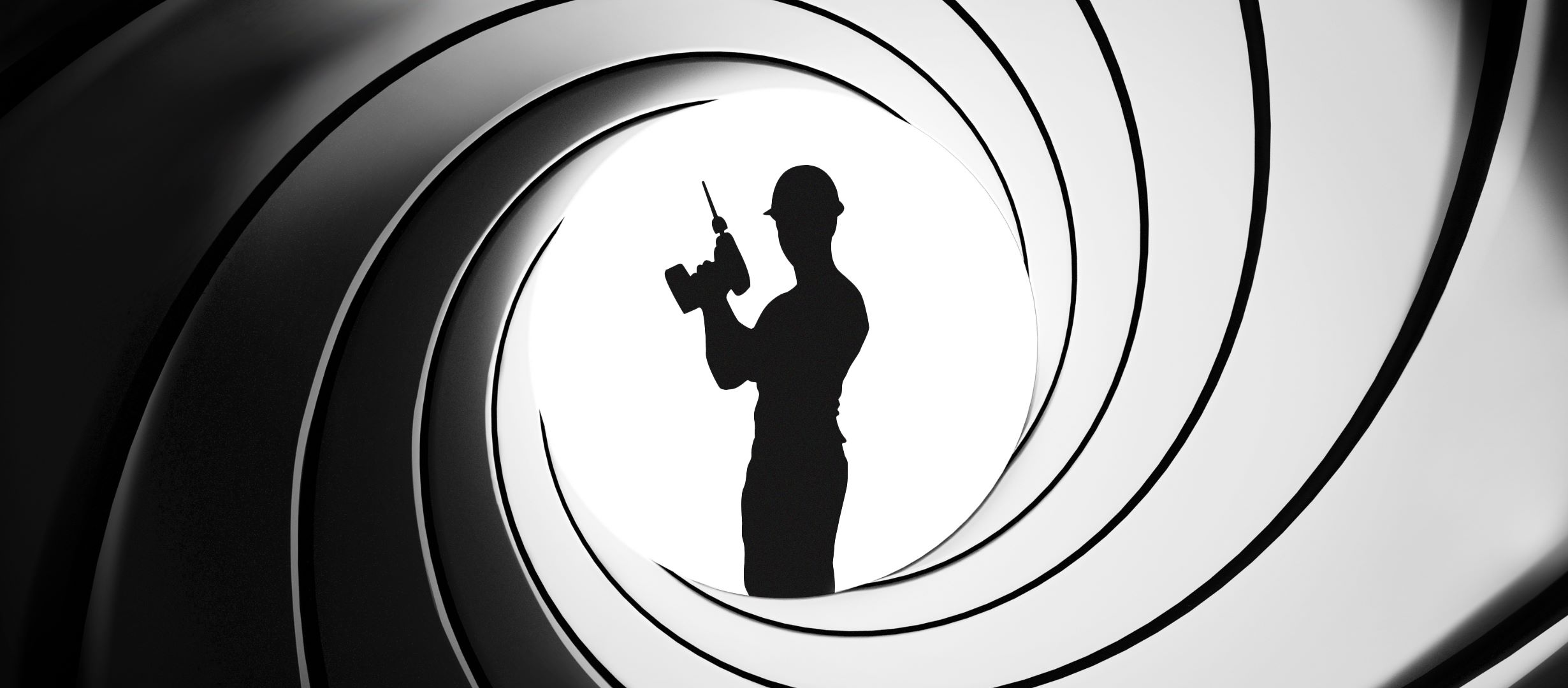 James Bond themed image with a silhouette of a construction worker posing with a drill